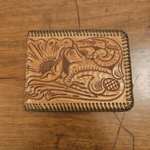 Vintage Hand Tooled Leather Bi-Fold Wallet Floral Genuine Leather Whipstitched